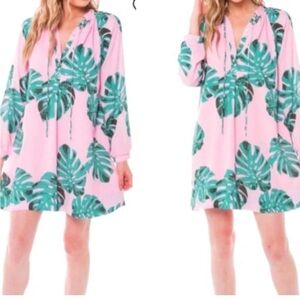 Buddy Love Kylie Palm Long Sleeve Dress‎ in Pink Green Tropical Print. EUC